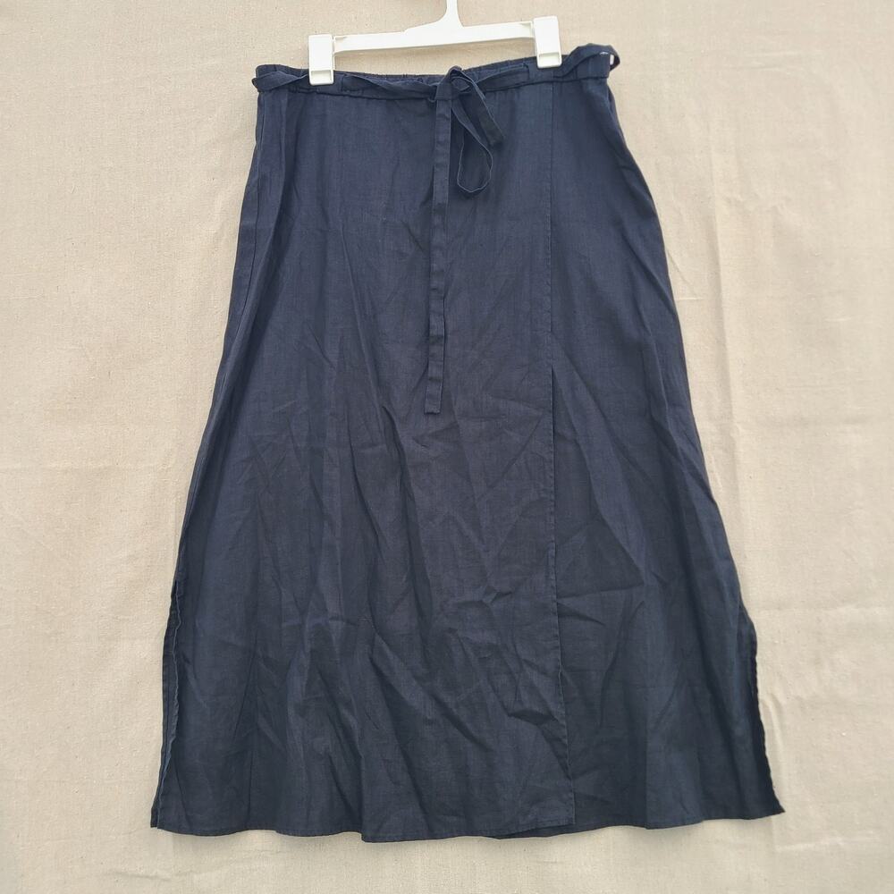 Eileen Fisher Organic Linen Black Midi Faux Wrap Skirt Stretch Waist Tie Size M